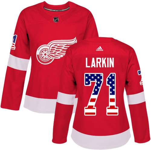 Adidas Red Wings #71 Dylan Larkin Red Home Authentic USA Flag Women's Stitched NHL Jersey - Click Image to Close